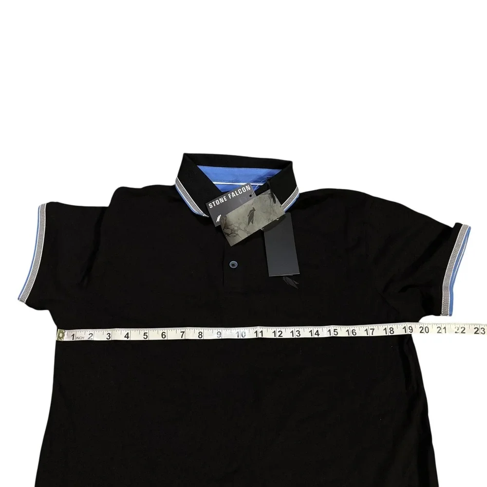 Stone Falcon Mens Black Marina Blue Tipped Polo Shirt SFTS-23010 Medium‎ NWT